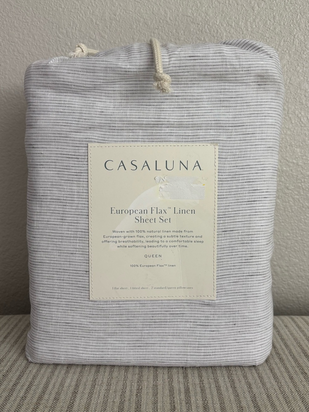 NWT Queen 100% Linen Sheet Set Dark Gray Micro Stripe - Casaluna